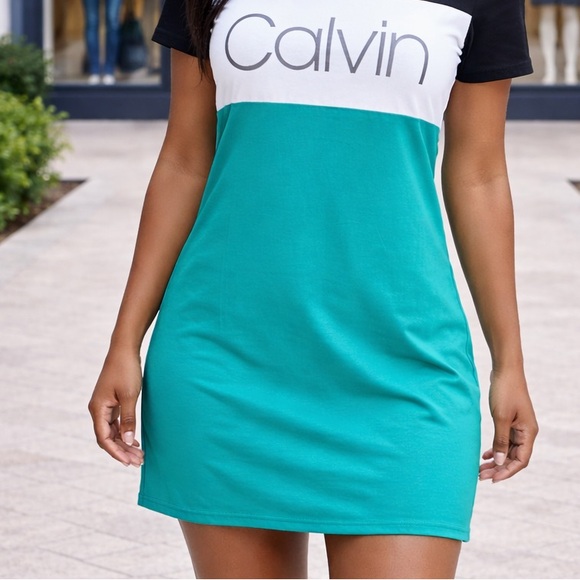 Calvin Klein Black, White, and turquoise Mini Dress Ptp 20” - Picture 3 of 6
